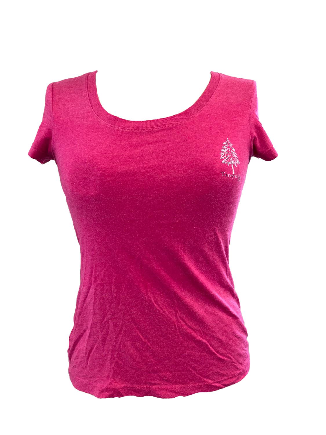 berry colored t-shirt with white tarrywile park logo
